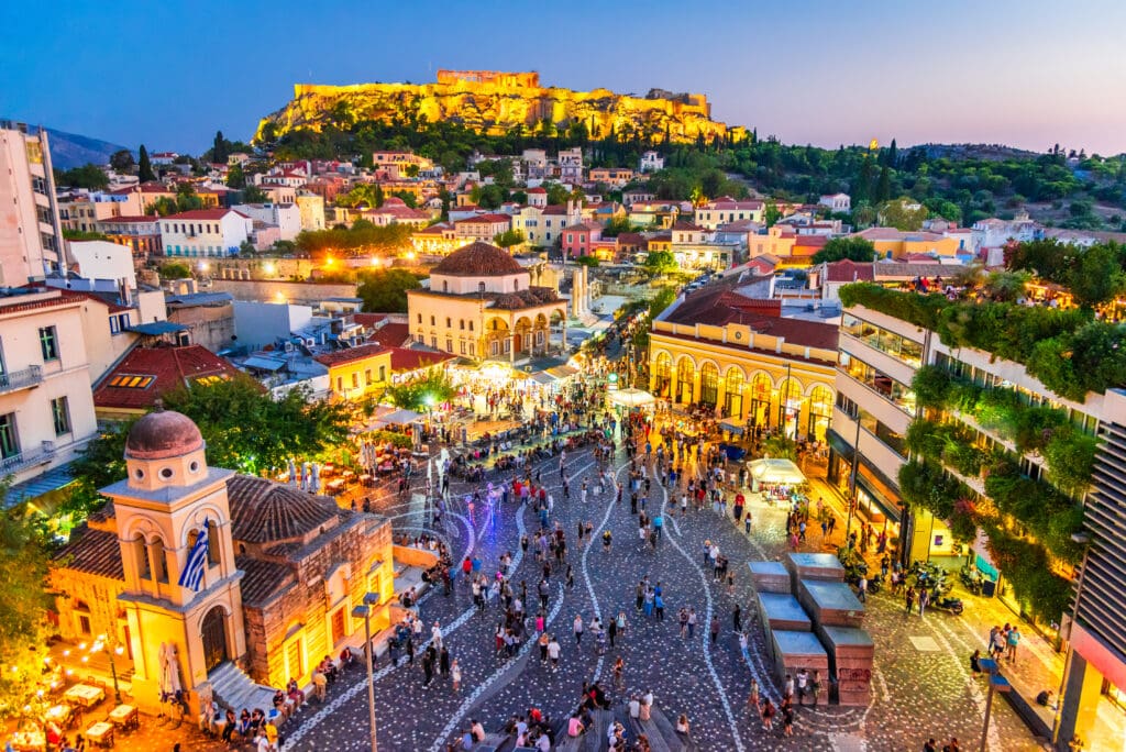 Athens,,Greece,-,Night,Image,With,Athens,From,Above,,Monastiraki