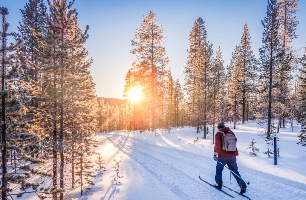 Panoramic,View,Of,Man,Cross-country,Skiing,On,A,Track,In