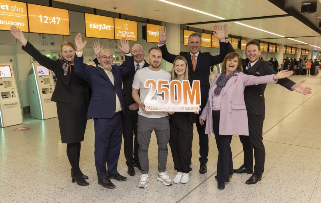 easyJet passengers Richard Hansen and Amy Lovegrove celebrate being the 250 millionth passengers at Gatwick airport today.Pictured:(L-R)Louise Clancy, Aaron Byrne, Hugh McConnellogue (easJet head of Gatwick)winnersRichard Hansen and Amy Lovegrove with Mark Johnston(Chief Operating Officer of Gatwick), Alison Gayward(easyJet UK Country Manager) and Matt Dipper.