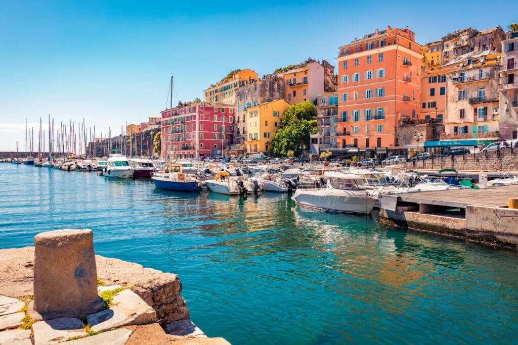 Colorful,Houses,On,The,Shore,Of,Bastia,Port.,Bright,Morning