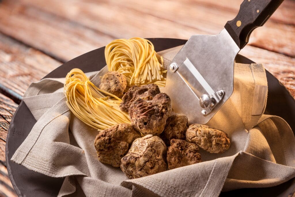 Alba,White,Truffles,In,Napkin,With,Raw,Egg,Tagliolini,And