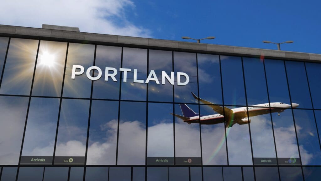 Aircraft,Landing,At,Portland,,Oregon,,Usa,3d,Rendering,Illustration.,Arrival