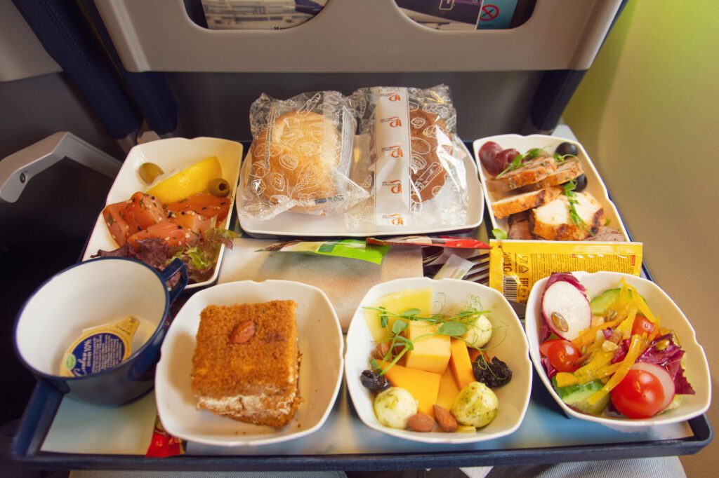 Food for economy class passengers during the flight. Russia, Moscow 10 april 2019.