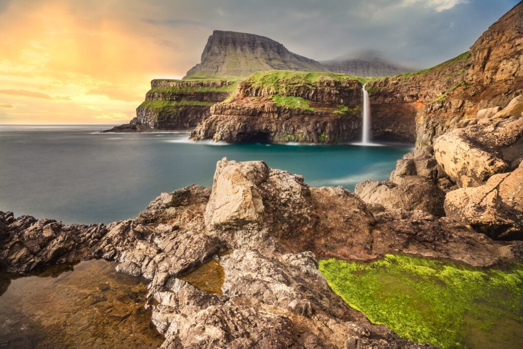 Gasadalur,Village,And,Beautiful,Waterfall,,Vagar,,Faroe,Islands,,Denmark.